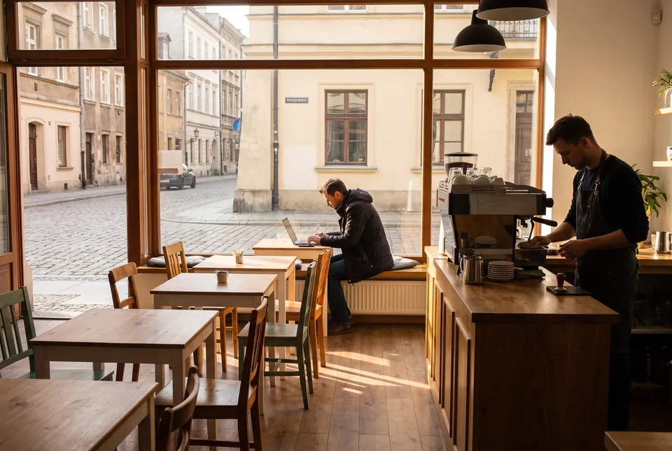 Kawiarnia po południu w dzień roboczy, większość stolików wolna, jeden gość pracuje przy laptopie
