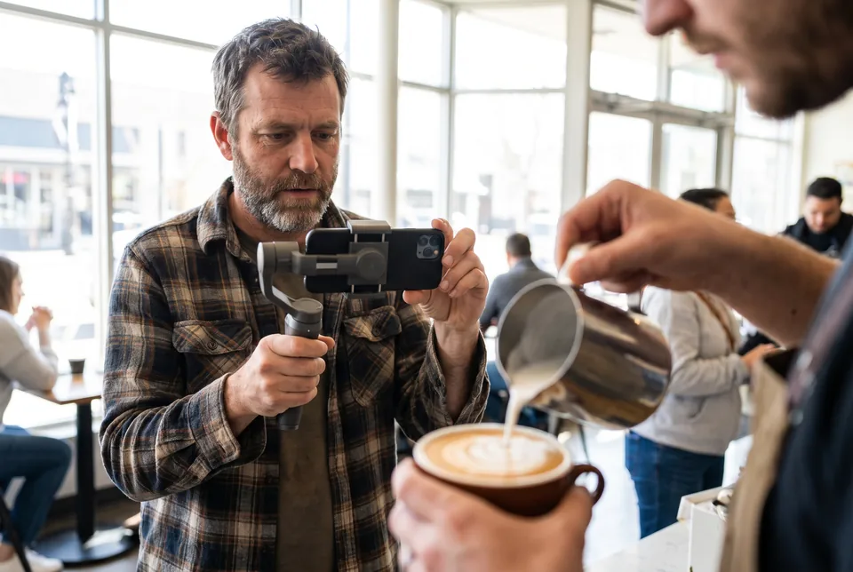 Twórca nagrywa telefonem latte art nalewane przez baristę przy ladzie kawiarni