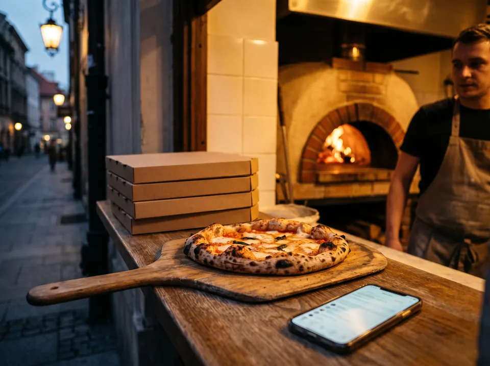 Pizza z pieca opalanego drewnem na ladzie pizzerii obok pustych kartonów na wynos